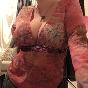 Pink colorful mesh top with Sequins